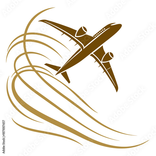 Golden Airplane Decorative Silhouette with Elegant Swirl Lines Illustration
