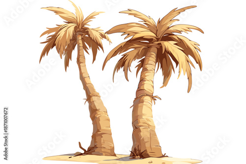 Two palm trees standing on a sandy beach, viewed from a slight angle, in a serene tropical environment, captured as an illustration.