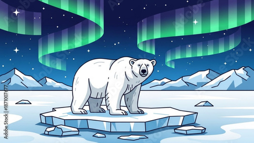 Polar bear standing on melting iceberg with aurora borealis in the background under starry night sky with snow capped mountains with climate change