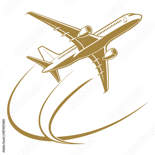 Golden Airplane Decorative Silhouette with Elegant Swirl Lines Illustration