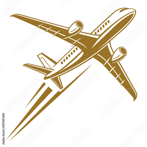 Golden Airplane Decorative Silhouette with Elegant Swirl Lines Illustration