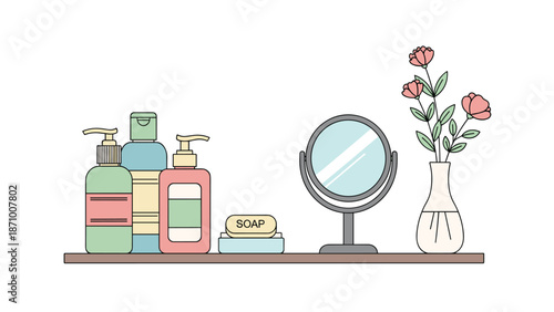 Clean line-art illustration of a bathroom shelf adorned with diverse pump bottles, a classic bar of soap, a chic round mirror, and a vase of lovely pink flowers, symbolizing beauty and self-care.