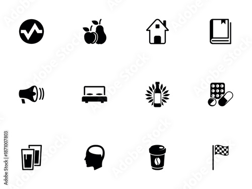 Collection of Black Lifestyle and Health Icons on White Background