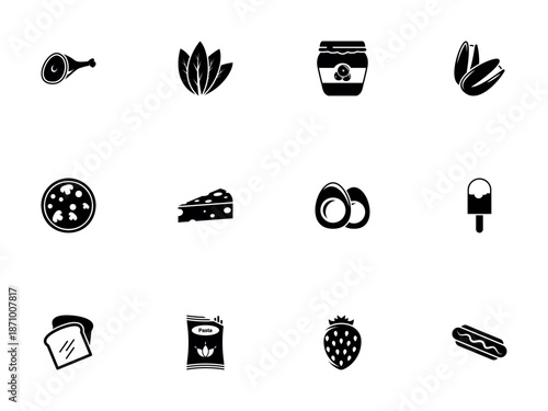 Set of Twelve Black and White Minimalist Food Icons for Menus