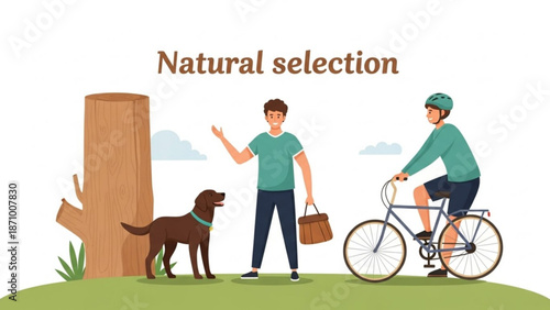 Two men outdoors with dog one riding bicycle other gesturing with nature and leisure and lifestyle and recreation and healthy and man and cycling