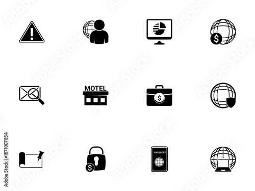 Collection of Black Business Finance and Travel Vector Icons