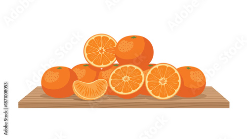 Bountiful pile of fresh, ripe oranges, both whole and neatly sliced, displayed attractively on a rustic wooden plank, symbolizing natural goodness and healthy eating.