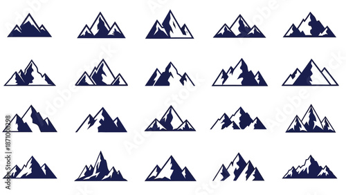 Collection of diverse mountain range silhouettes in dark blue