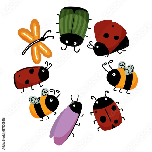 Cute insect circle with cartoon bugs. Round vector frame with ladybug, bee and butterfly. Fun character collection for kids design, nursery prints and nature decor