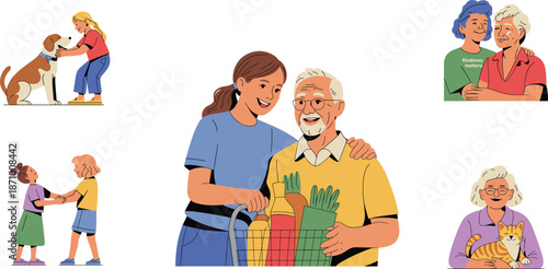 "Caring nurse assisting happy elderly man with groceries, joyful senior interactions, pet companionship, healthcare support, and senior wellness care illustrations"

flat vector illustration