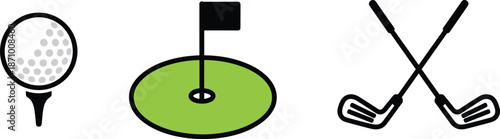 Golf icons set featuring ball on tee, putting green flag, and crossed clubs for sports design, golf courses, training apps, and recreation graphics