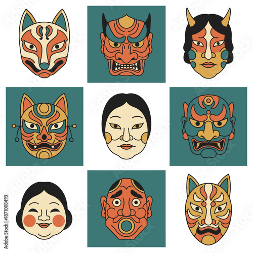 Collection of traditional Japanese masks including Kitsune, Hannya, Oni, Okame, and Hyottoko, showcasing cultural folklore and theater art.