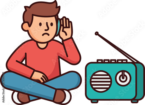 Cartoon man in a red shirt sitting crosslegged cupping his ear to listen intently to a vintage teal radio.