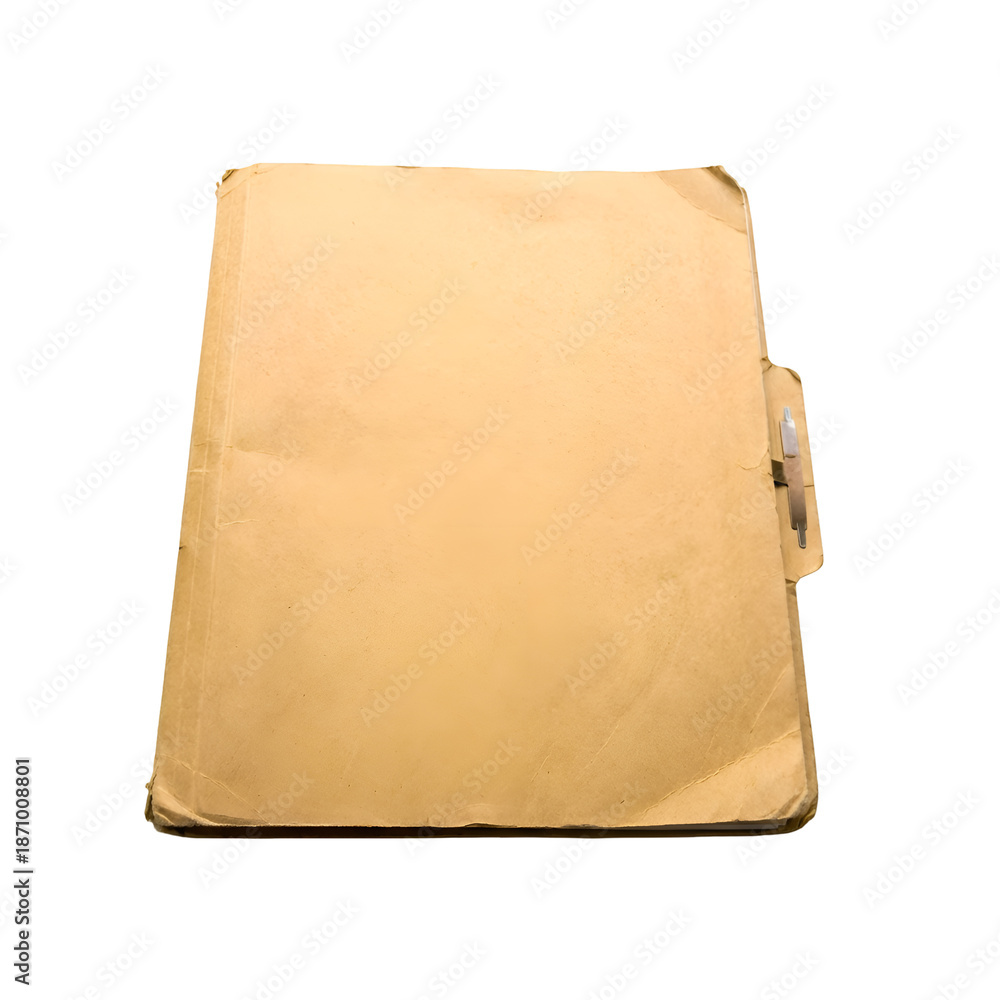 Obraz premium A Worn and Aged Manila File Folder, Filled with Documents, Standing Upright and Isolated on a Clean Black Background, Ready for Organization or Archiving