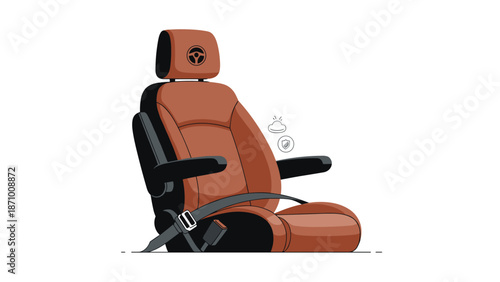 Modern brown and black leather car seat featuring intricate visible stitching and ergonomic contours, indicating contemporary automotive interior design and enhanced passenger comfort.