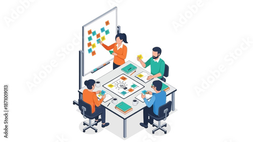 Isometric vector illustration of business people brainstorming and collaborating during a meeting using sticky notes on a whiteboard.