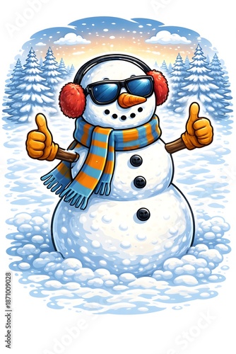 Cooler Cartoon-Schneemann mit Sonnenbrille im Winterwald