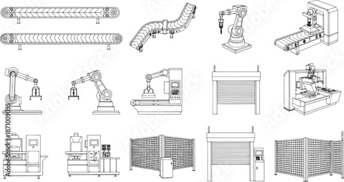 Showcasing a collection of industrial machinery, this illustrative assembly includes a variety of robotic arms, conveyor systems, and manufacturing equipment.