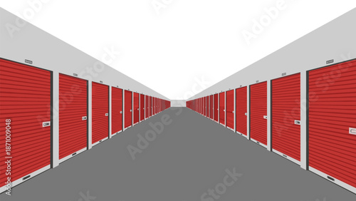 Expansive and bright corridor lined with numerous identical red self-storage units featuring roll-up doors, creating a compelling sense of depth and highly organized commercial storage.