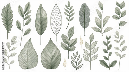 Various green leaves on white background for nature designs