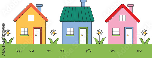 "Cute colorful cartoon houses with flowers and green grass, charming neighborhood scene, flat style illustration, home garden concept"

flat vector illustration