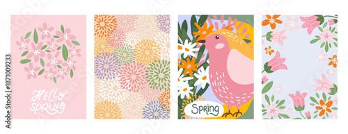 Cute spring card collection with flowers and birds. Hand drawn vector posters in pastel colors. Perfect for seasonal greetings, holiday invites and nursery wall art