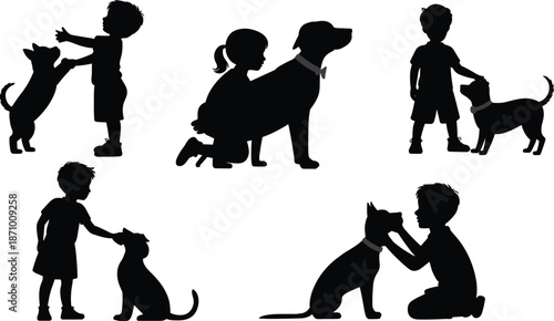 Silhouette Illustration of Children Bonding with Dogs: Playing, Caring, and Interacting in Various Scenes flat vector illustration
