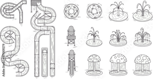 Intricate architectural designs, water attractions and park landscape blueprints arranged in an interesting detailed array.