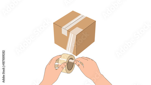 Top-down view showcasing a pair of hands unrolling clear packing tape, with a securely taped cardboard box positioned in the background, demonstrating preparation for shipping or organized storage.
