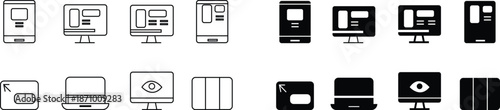 Responsive design display icon set, showing website compatibility across desktop, tablet, smartphone screen and mobile devices. Ideal for web design, UI UX, apps, development, and technology projects.