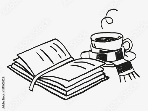 Hand drawn cozy illustration of open book and cup of coffee wrapped in scarf. Hygge mood, warm winter reading, slow living, comfort, calm home atmosphere and relaxation concept.