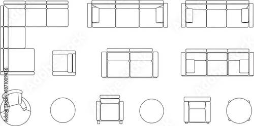 Blueprint-style illustrations present a comprehensive array of furniture layouts and arrangement possibilities for interior design concepts.