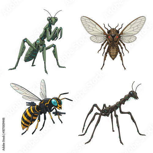 Four distinct insect species including a praying mantis, cicada, wasp, and ant, depicted with detailed illustrations.