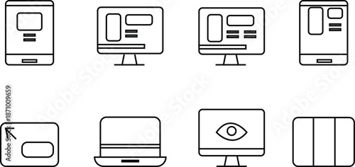 Responsive design display icon set, showing website compatibility across desktop, tablet, smartphone screen and mobile devices. Ideal for web design, UI UX, apps, development, and technology projects.