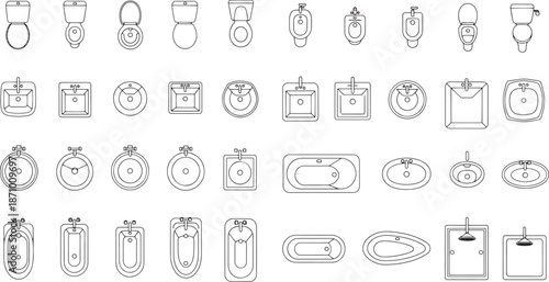 Collection of bathroom fixture line drawing representing diverse bathroom furnishing. Capturing minimalist design.