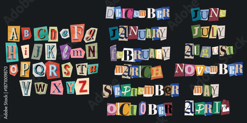 Scrapbook Month Collection with Cutout Collage Paper Alphabet Stickers A to Z, Trendy Story Date Design Set