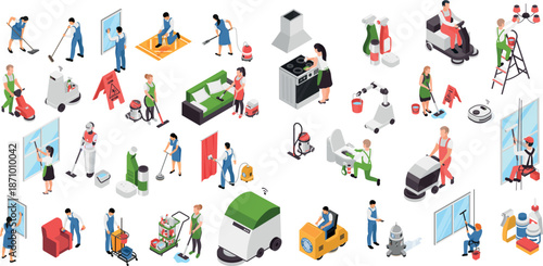 Professional Cleaning Service Isometric Set with Workers, Equipment and Janitorial Supplies Vector Illustration