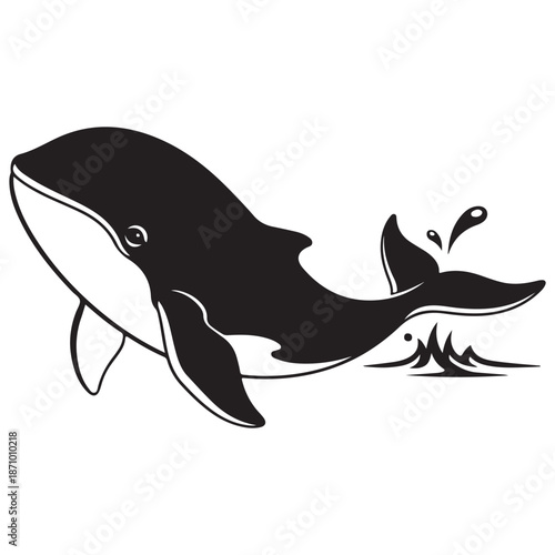 Stylized Black and White Whale with Water Splashes Graphic