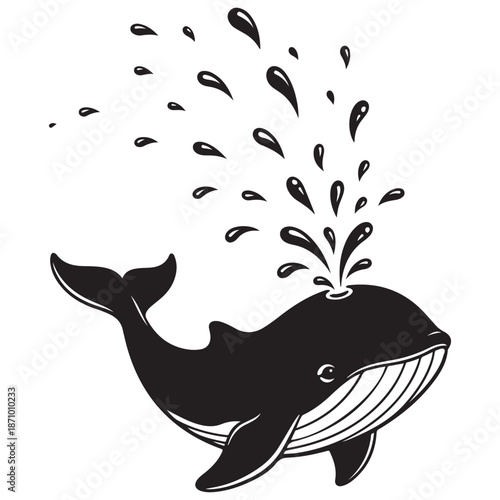 Black and White Cartoon Whale Spouting Water Illustration