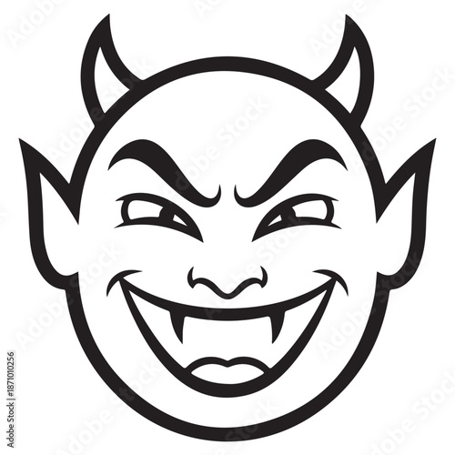 Stylized Cartoon Devil Face with Mischievous Smile and Fangs