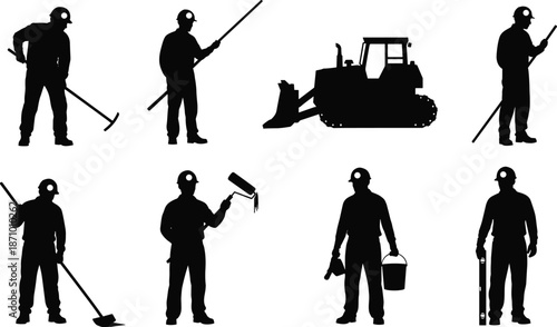 Construction worker silhouettes set, mining labor equipment tools, industrial workforce poses, heavy machinery, black vector 