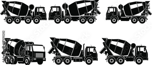 Concrete mixer truck silhouettes collection, cement transport vehicles set, construction machinery icons, heavy industry vector illustration