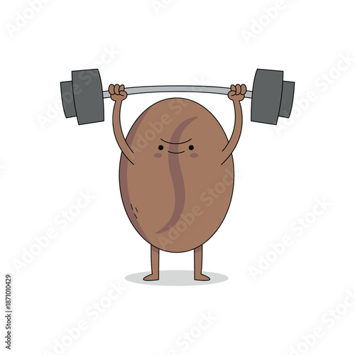 Cute coffee bean cartoon character lifting weight barbell doodle