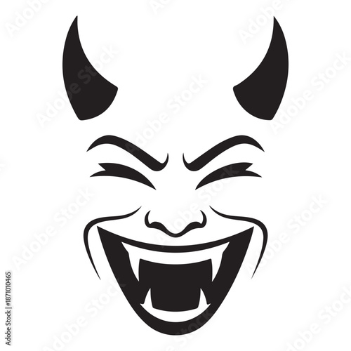 Stylized Laughing Character Face with Horns and Sharp Fangs
