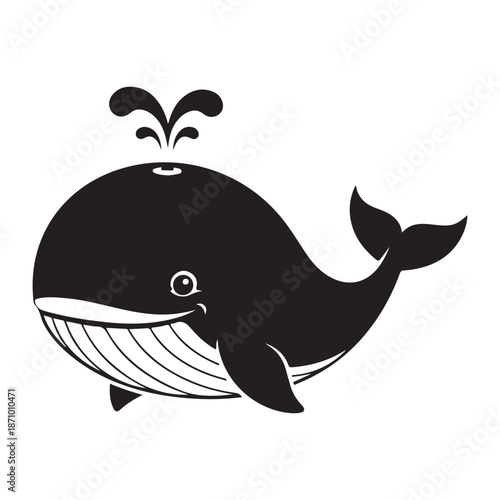 Cute Smiling Cartoon Whale Spouting Water in Black and White