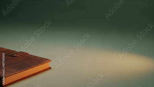 A minimalist 3D render of a luxury brown leather notebook or journal with a snap closure, resting on a muted sage green surface. The image features dramatic lighting and extensive negative space, ide