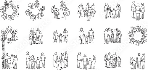 A collection of minimalist line art illustrations depict diverse groups of people. These artworks encapsulate themes of connection, community, and human interaction.