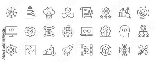 DevOps icon set. Software development and operations icon collection. Editable line icons. Vector illustration.