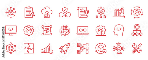 DevOps icon set. Software development and operations icon collection. Editable line icons. Vector illustration.