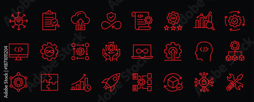DevOps icon set. Software development and operations icon collection. Editable line icons. Vector illustration.